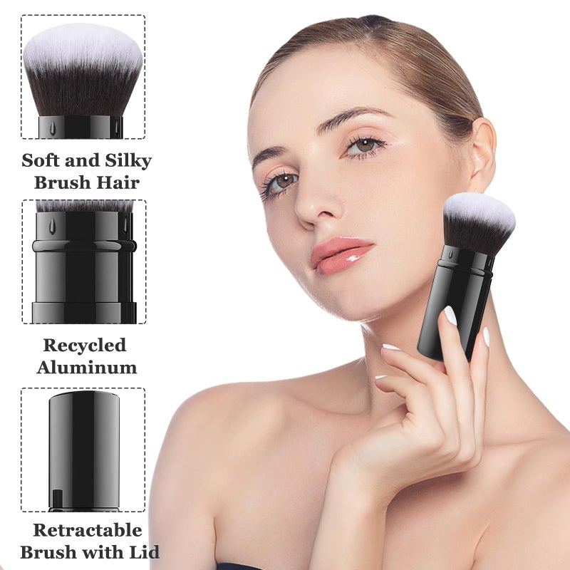 Falliny Retractable Kabuki Makeup Brush, Travel Face Blush Brush, Portable Powder Foundation Sunscreen Brush with Cover for Blush, Bronzer, Buffing, Highlighter Flawless Powder Cosmetics - Image 4